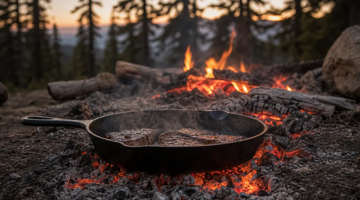 Lodge cast iron skillet on a wood-burning campfire at dusk, glowing embers underneath