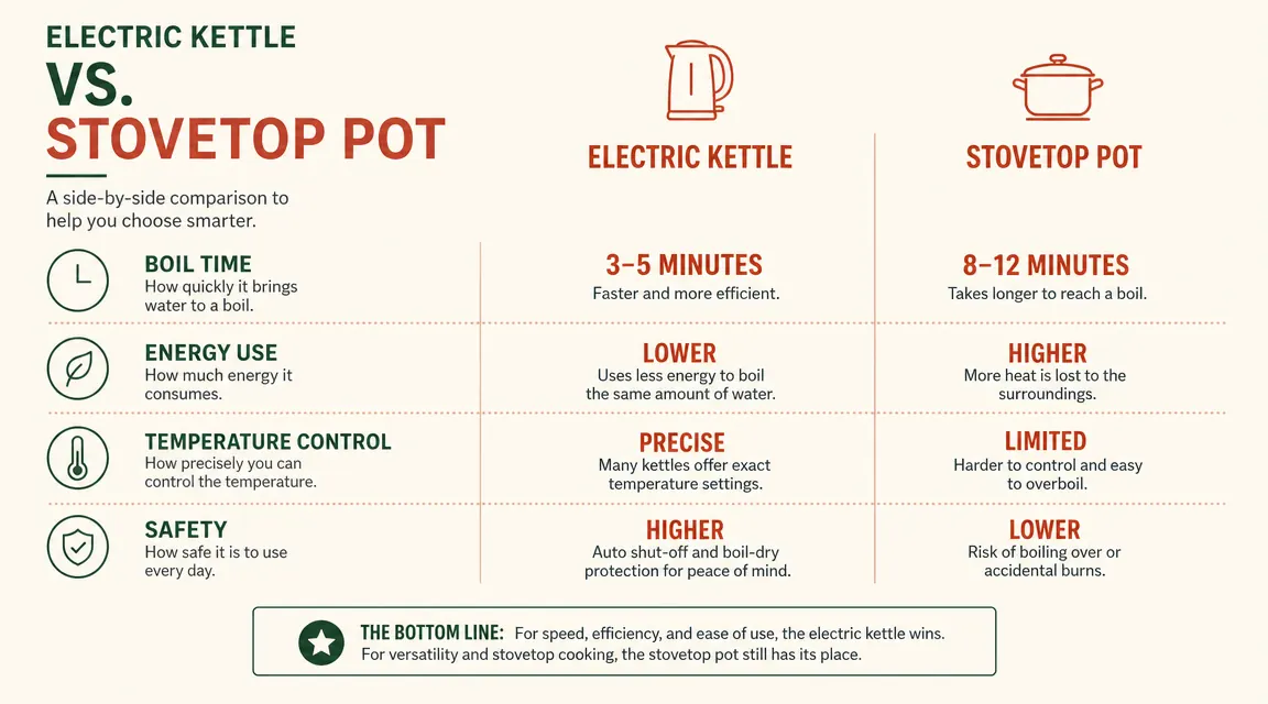 Side-by-side comparison chart of electric kettle versus stovetop pot showing boil time and energy use
