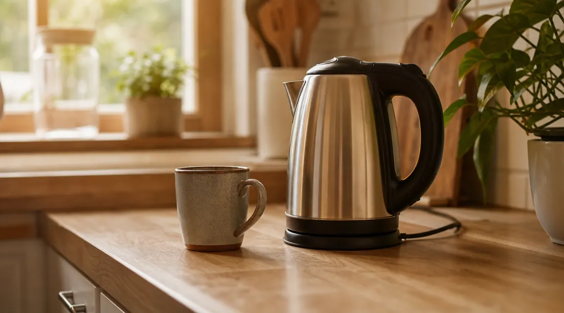 Cosori electric kettle sitting on a kitchen counter next to a coffee mug and a morning light window