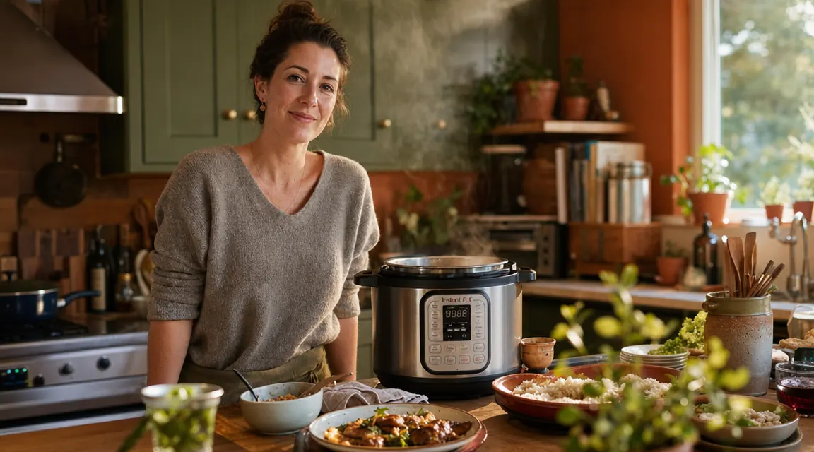 Instant Pot Duo sitting on a kitchen counter beside a bowl of finished chili and a weeknight meal spread