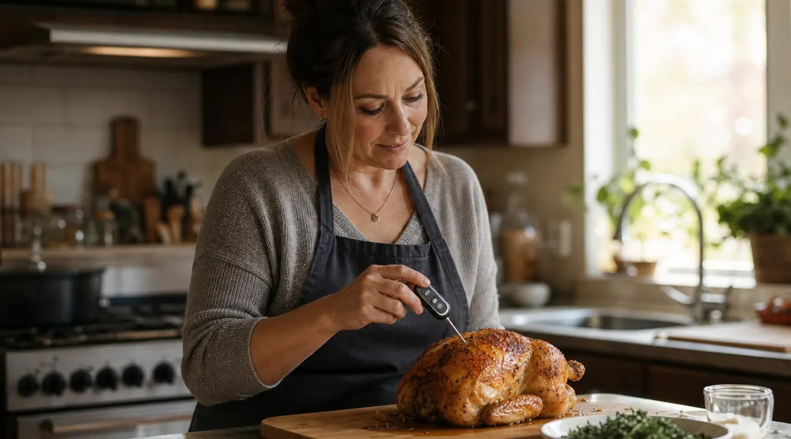 Instant read thermometer being inserted into a golden-brown roast chicken on a cutting board, kitchen counter in background