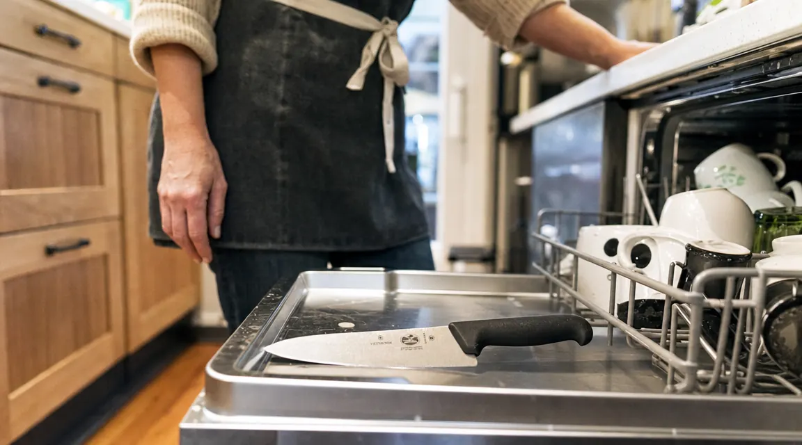 Victorinox Fibrox Pro knife beside a dishwasher rack showing it is dishwasher safe