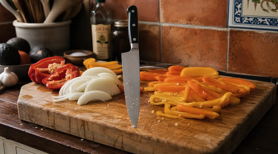 Victorinox Fibrox Pro 8-inch chef knife resting on a worn wooden cutting board next to a pile of freshly sliced vegetables in a home kitchen