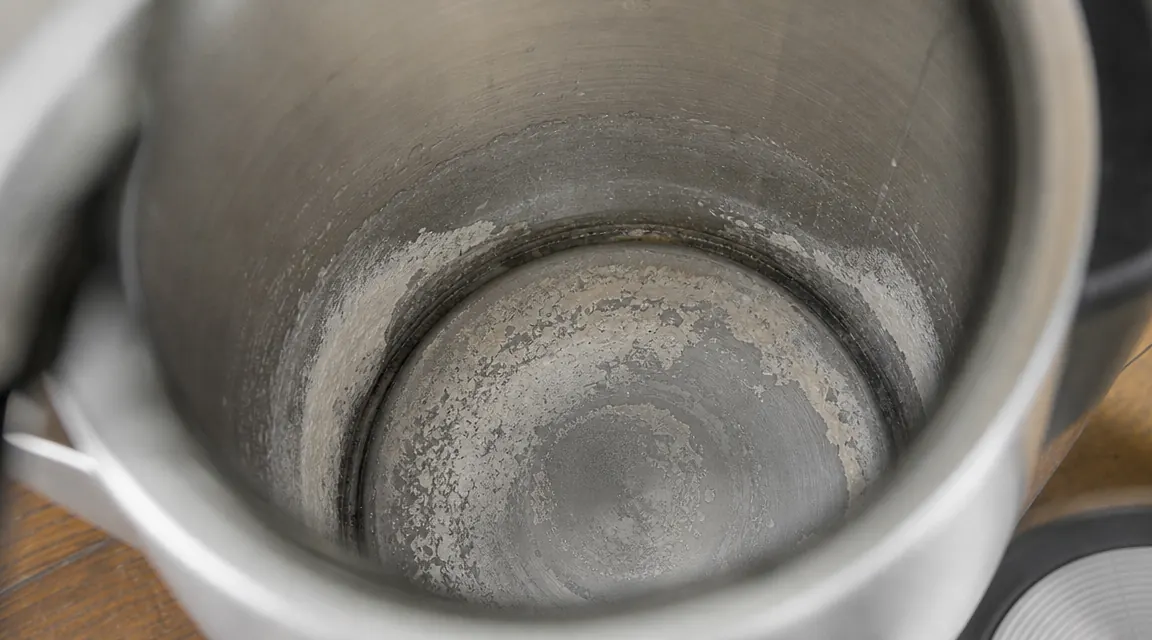 White mineral scale buildup visible inside a stainless steel kettle interior