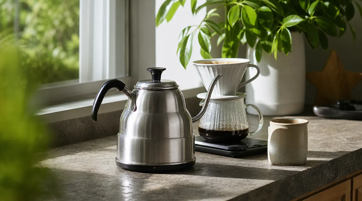 Electric kettle on a kitchen counter next to a pour-over coffee setup with a drip cone and glass carafe