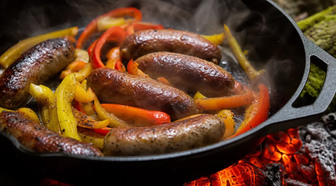 Close-up of sausage links and sliced peppers sizzling in a cast iron skillet over open campfire coals