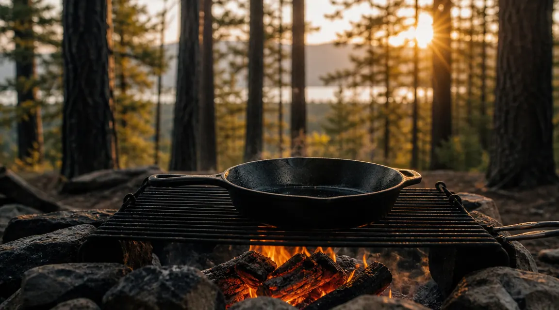 Cast iron skillet sitting on a campfire grate at dusk, surrounded by pine trees, warm glow from the coals