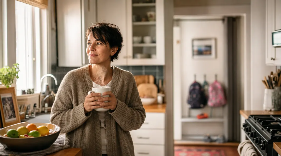 Woman in cozy kitchen holding a mug of coffee at dawn, steam rising, backpack and lunchboxes visible on the counter behind her