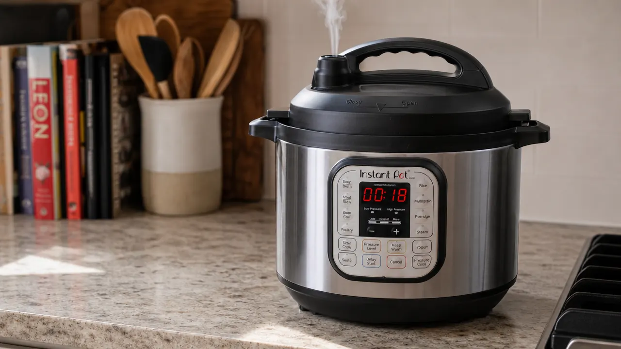 Instant Pot Duo sitting on a kitchen counter with steam releasing from the valve, stainless steel pot visible
