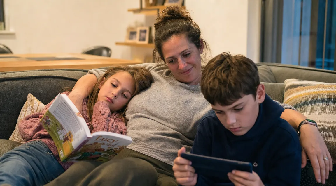 Mom and two children sitting together on a couch after dinner, looking relaxed and reading, living room in background
