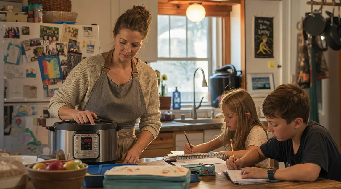 Woman setting the Instant Pot on a kitchen counter while two children do homework at the kitchen table nearby