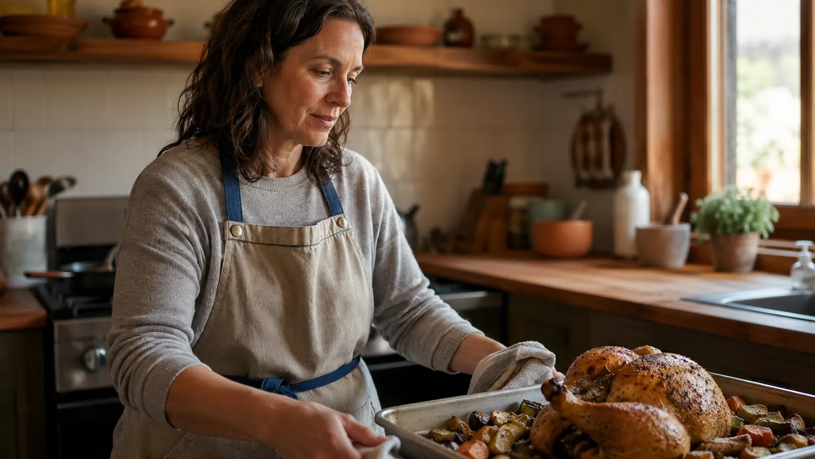Mom pulling a roasted chicken out of the oven in a warm home kitchen, late afternoon light through the window