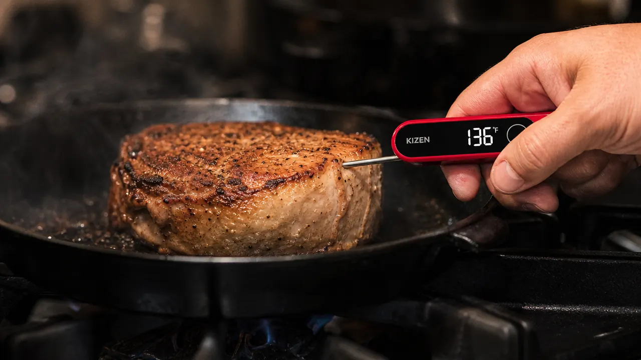 Close-up of a KIZEN instant read thermometer probe inserted into the thickest part of a chicken breast on a grill grate