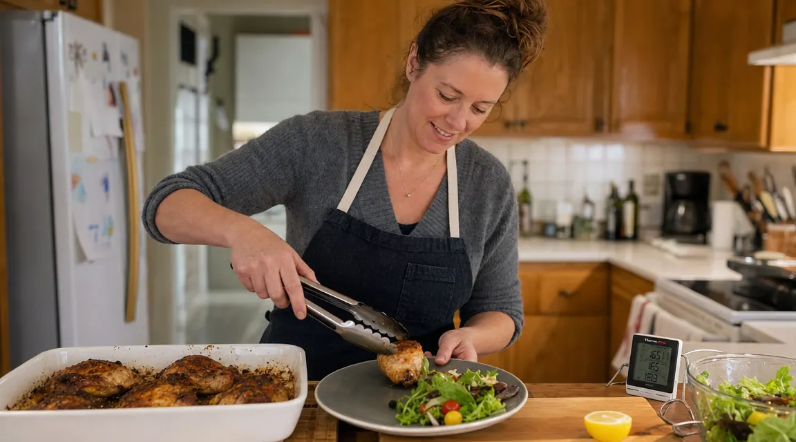 Relaxed mom plating dinner confidently, thermometer on the counter beside a plated chicken dinner