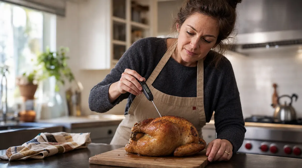 Woman inserting a digital meat thermometer into a golden-brown roast chicken on a cutting board
