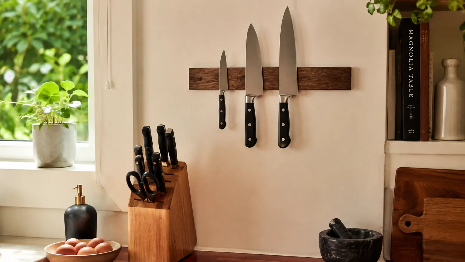 Chef's knife stored safely in a wooden knife block beside a magnetic wall strip on a kitchen wall