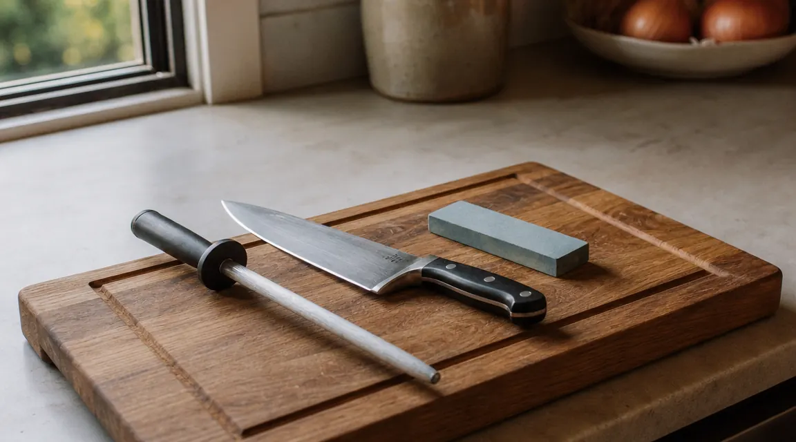 Chef's knife laid on a wooden cutting board next to a honing rod and whetstone on a home kitchen counter