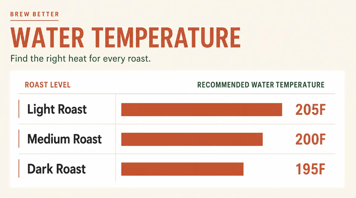 Chart showing optimal water temperature ranges for different coffee roasts: light roast 205F, medium roast 200F, dark roast 195F