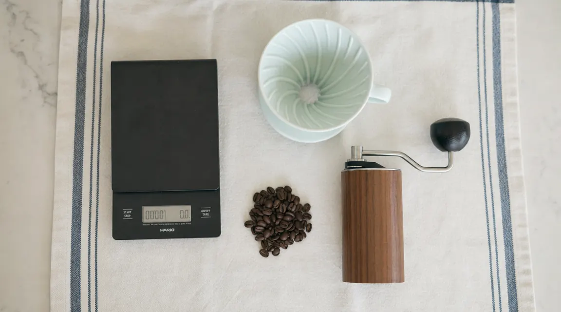 Overhead view of a kitchen scale with a pour-over dripper on top, whole coffee beans and a hand grinder nearby on a clean counter