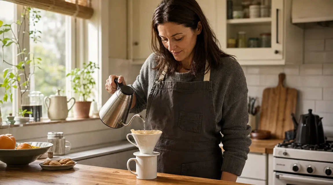 Ceramic pour-over dripper on a mug on a wooden kitchen counter, morning light coming through a window, steam rising from the cup