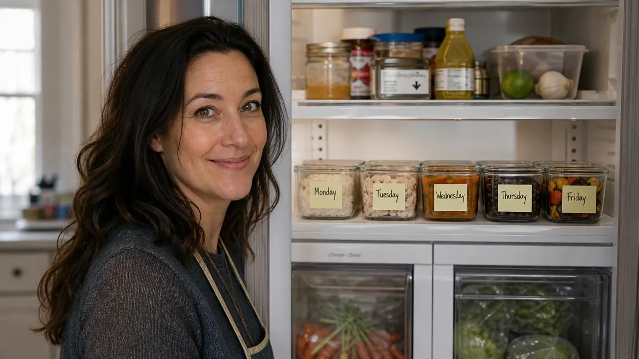 Five labeled meal prep containers stacked neatly in an open refrigerator, each holding a different weeknight dinner component