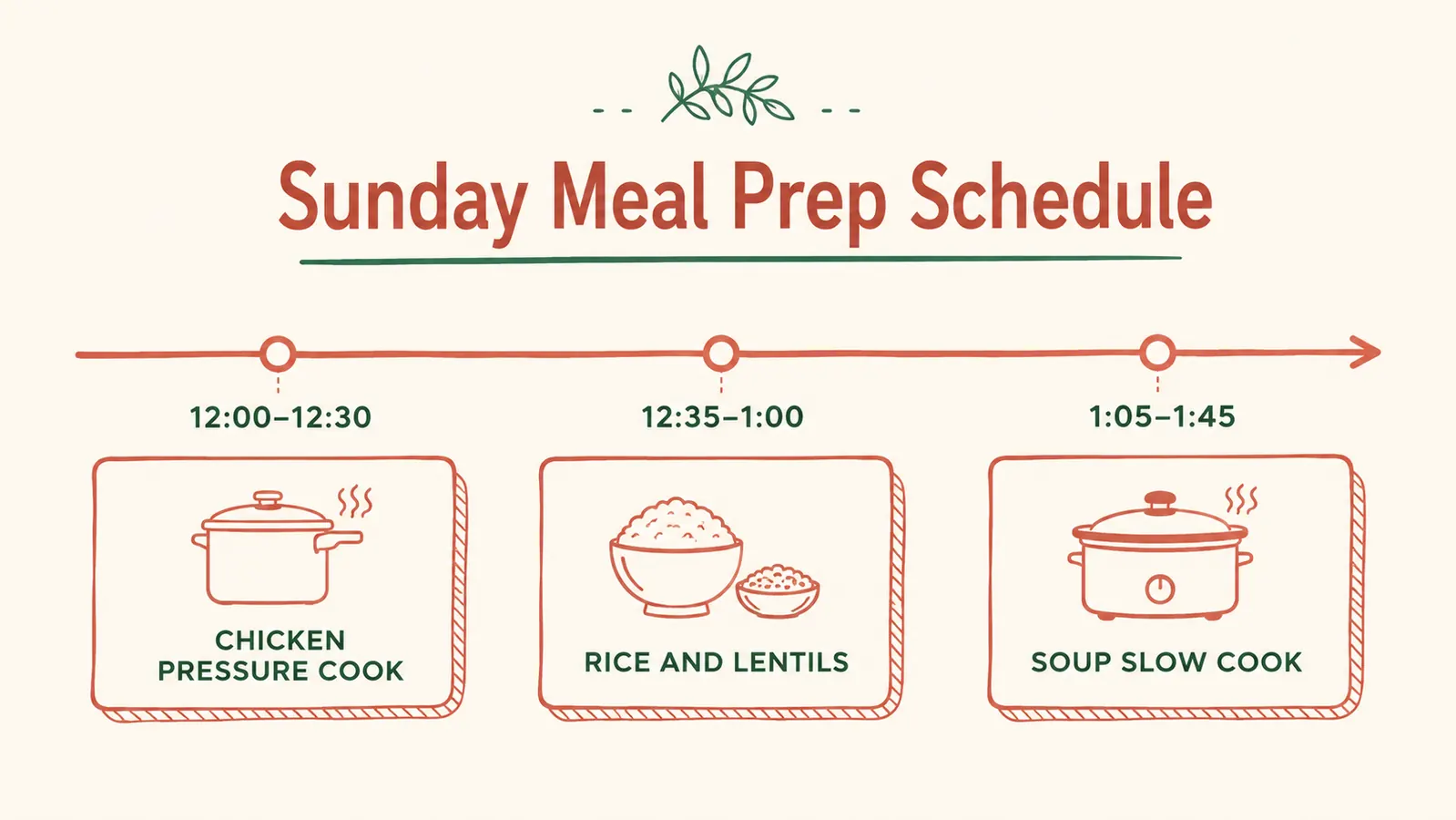 Chart showing three-hour Sunday meal prep timeline broken into Instant Pot cooking windows for proteins, grains, and soup