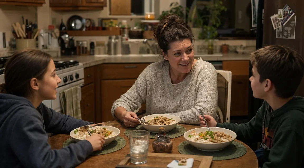 Mom and two kids at a kitchen table eating a weeknight dinner that came straight from prepped containers