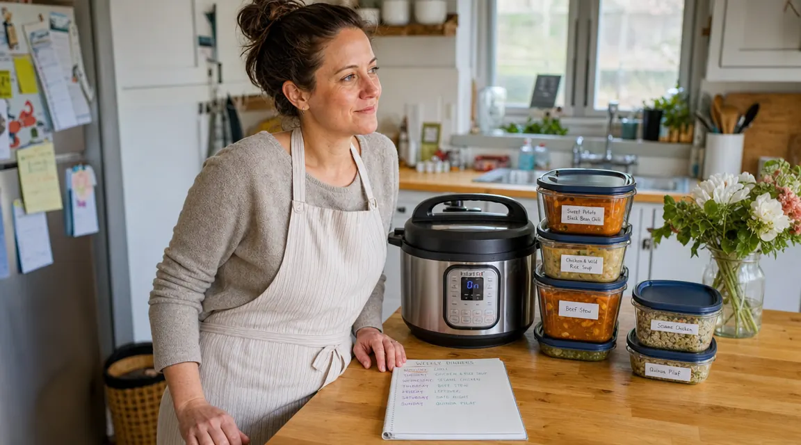 Instant Pot Duo on a kitchen counter surrounded by organized containers of prepped grains, shredded chicken, and chopped vegetables ready for the week