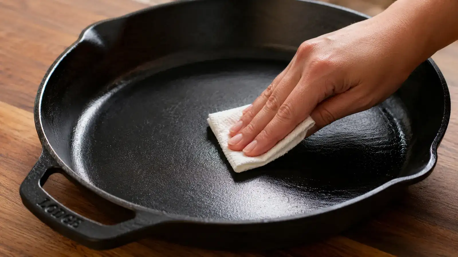 Hand applying a thin layer of flaxseed oil to a cast iron skillet with a folded paper towel