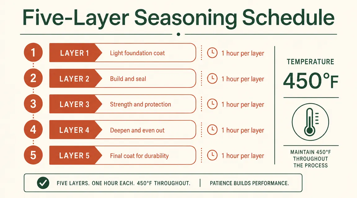 Chart showing oven temperature and time for each round of cast iron seasoning, five layers illustrated