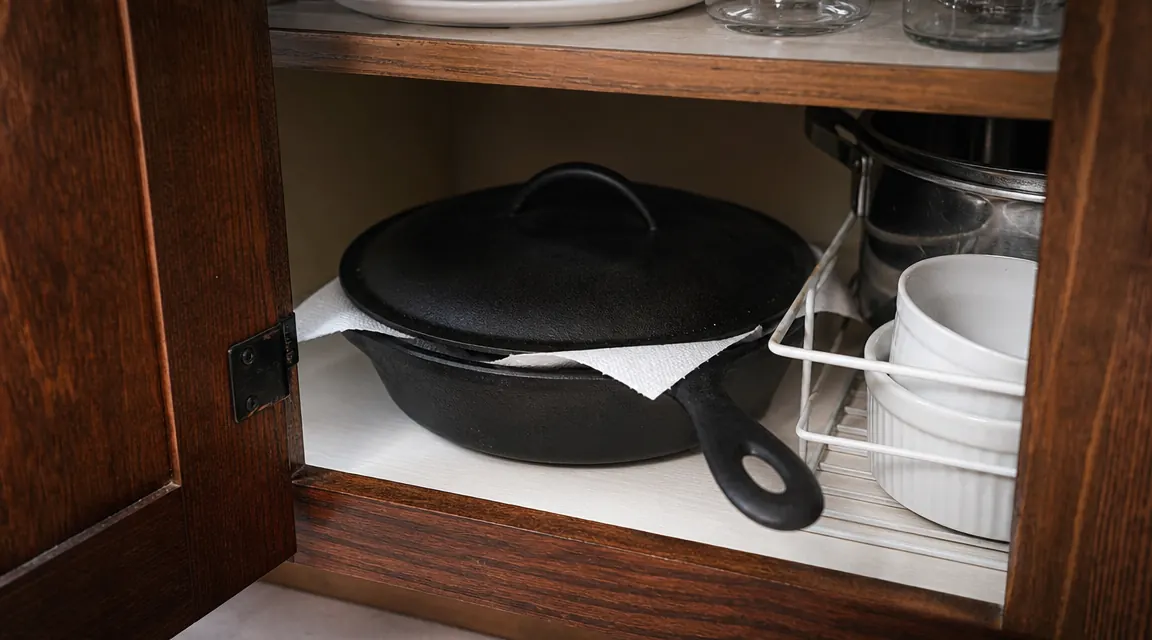 Cast iron skillet stored inside a kitchen cabinet with a folded paper towel tucked between the pan and its lid to allow airflow
