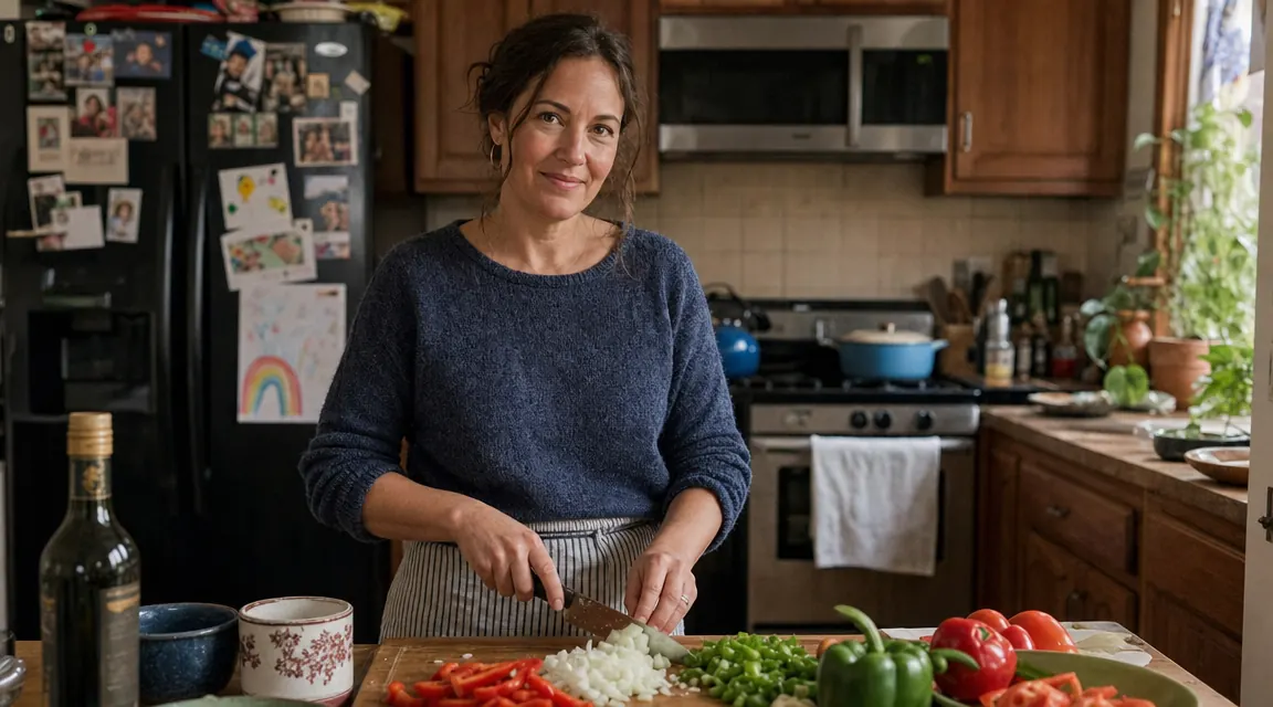 A woman standing at a kitchen counter on a Sunday morning, chopping vegetables on a wooden cutting board, warm natural light from a window