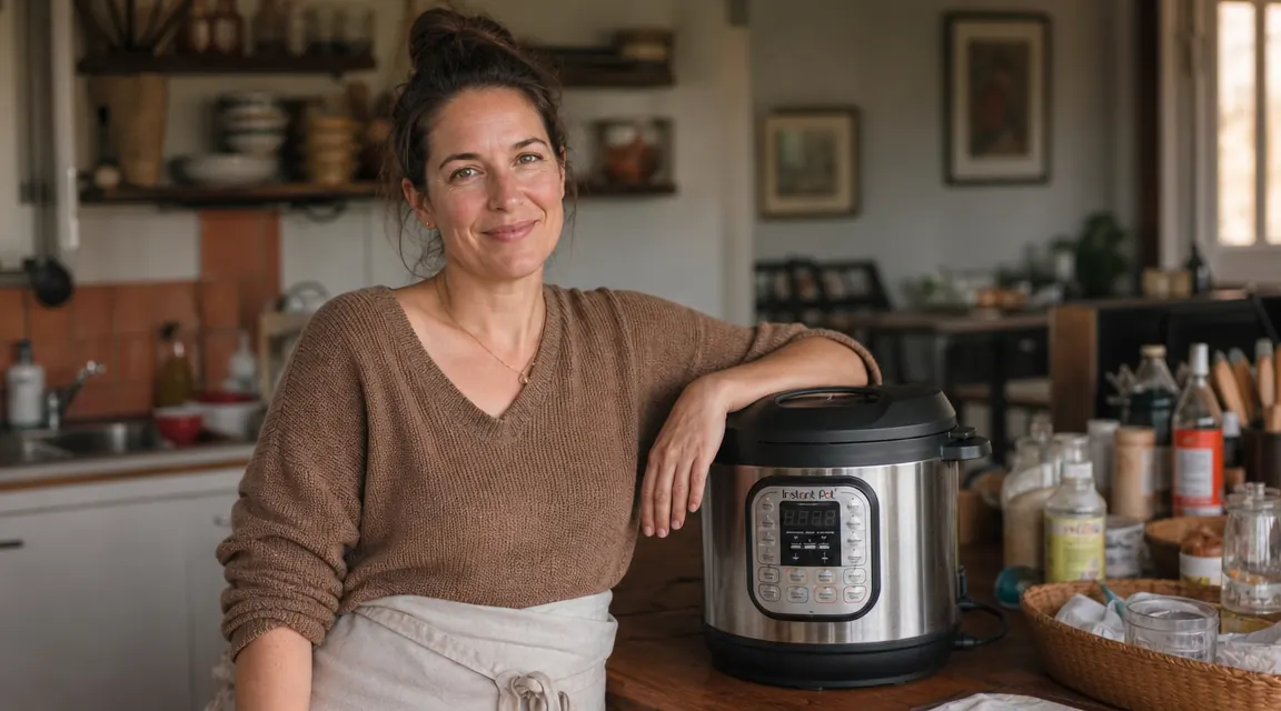 Instant Pot Duo sitting on a kitchen counter next to a cutting board and vegetables, warm evening light