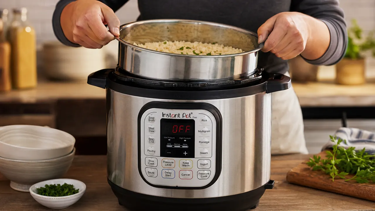 Instant Pot inner pot being lifted out and rinsed in a kitchen sink