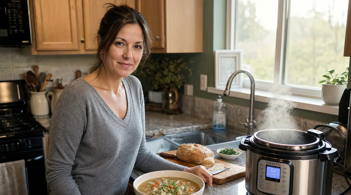 Instant Pot Duo on a kitchen counter with a bowl of chicken soup beside it, warm evening light