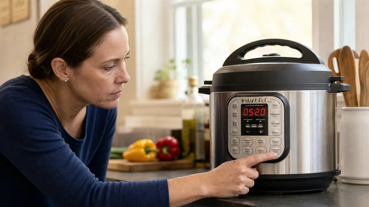 Hands pressing the Pressure Cook button on the Instant Pot Duo control panel