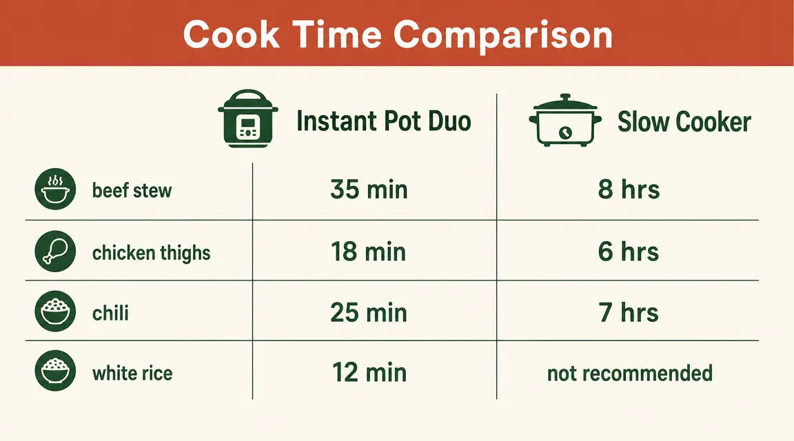 Side-by-side cook time chart comparing Instant Pot to slow cooker for common family meals