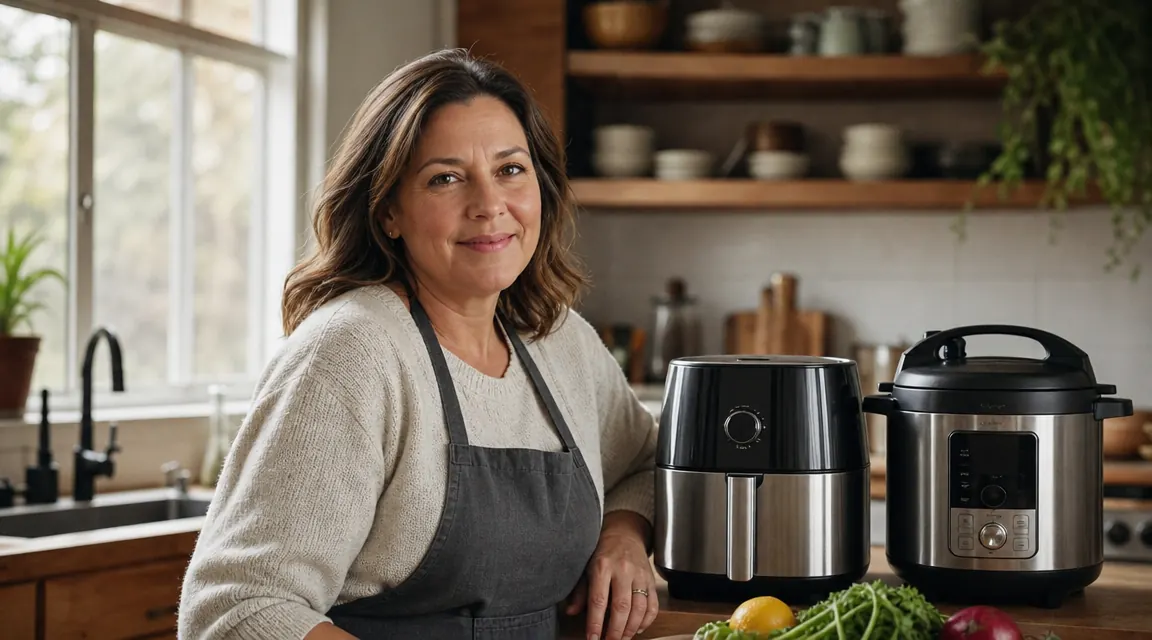 Instant Pot Duo on a kitchen counter next to a traditional oval slow cooker, warm kitchen lighting