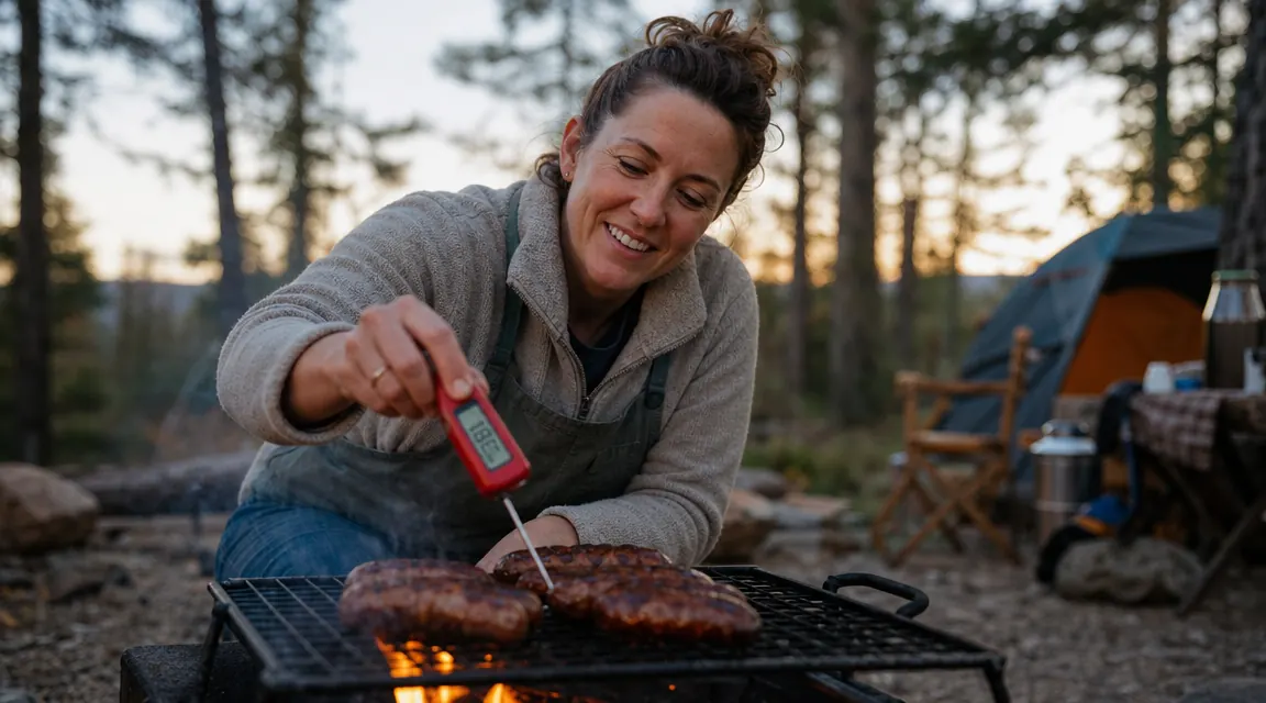 KIZEN thermometer probing a sausage over a campfire grill grate at dusk
