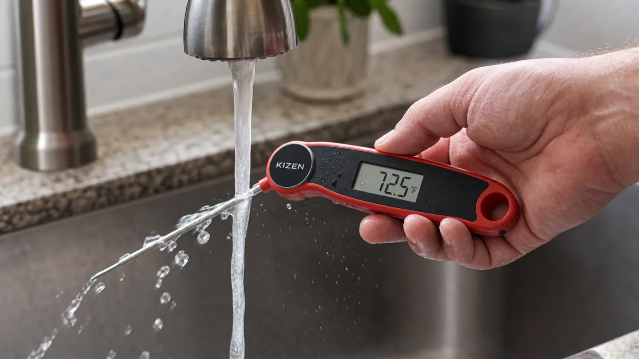 KIZEN thermometer rinsed under running faucet showing waterproof IP67 feature