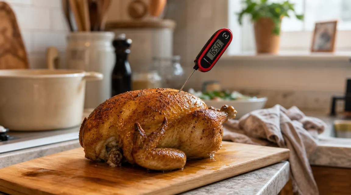 KIZEN instant read thermometer inserted into a roasted chicken on a cutting board, kitchen counter background