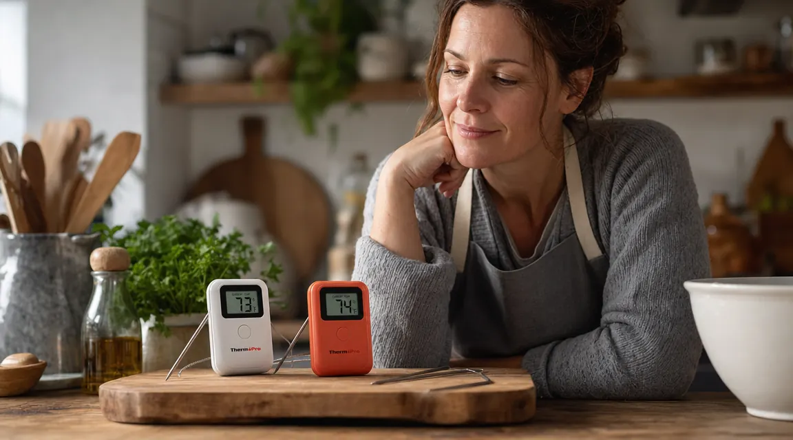 Two instant read meat thermometers on a wooden cutting board next to a raw chicken breast