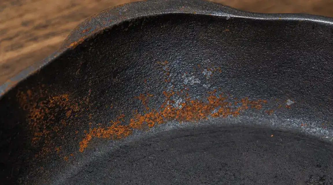 Close-up of surface rust spots on a cast iron skillet near the rim, rough orange-brown discoloration on otherwise dark metal