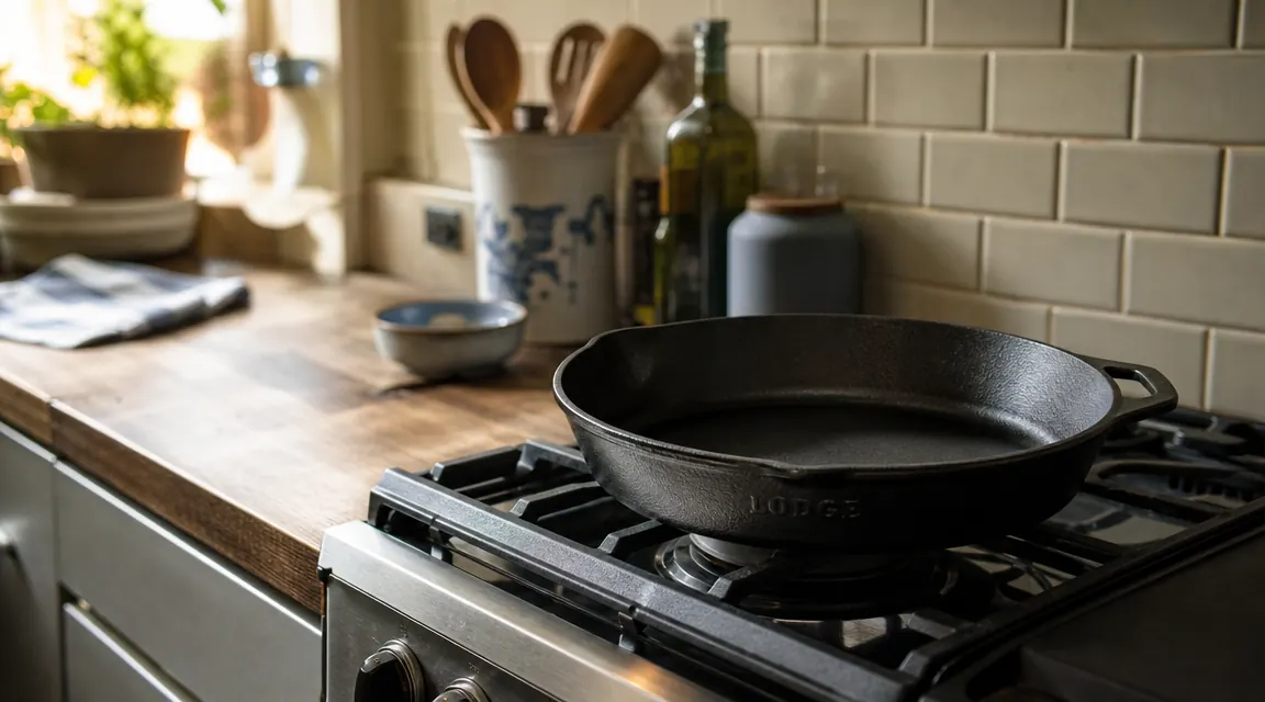 Lodge 12-inch cast iron skillet sitting on a home kitchen stovetop with soft morning light coming through a window