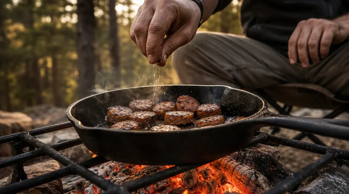 Lodge cast iron skillet resting on a campfire grate over orange coals with sausages sizzling inside