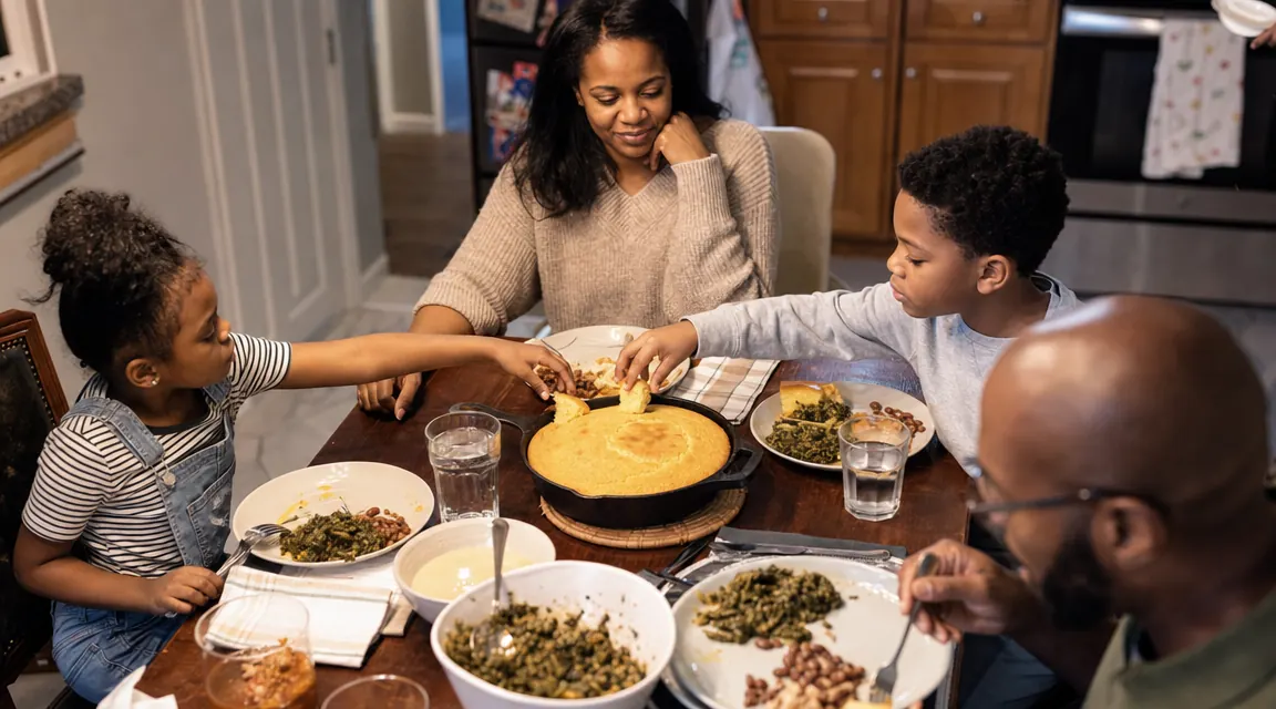 Mom and two kids eating at a kitchen table with a cast iron skillet of cornbread in the center