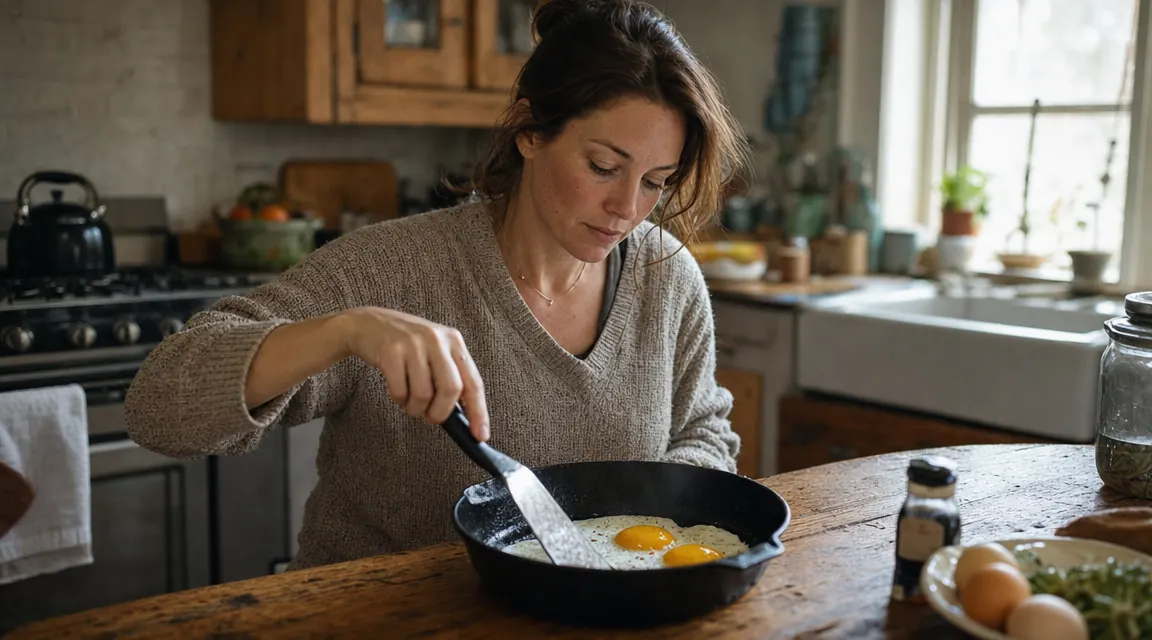 Lodge 12-inch cast iron skillet on a wooden kitchen table with two eggs sunny-side-up and a spatula beside it, warm morning light