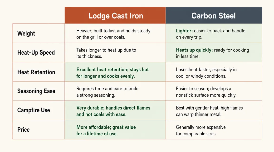 Comparison chart showing Lodge cast iron vs carbon steel pan across six categories including weight, heat retention, and versatility