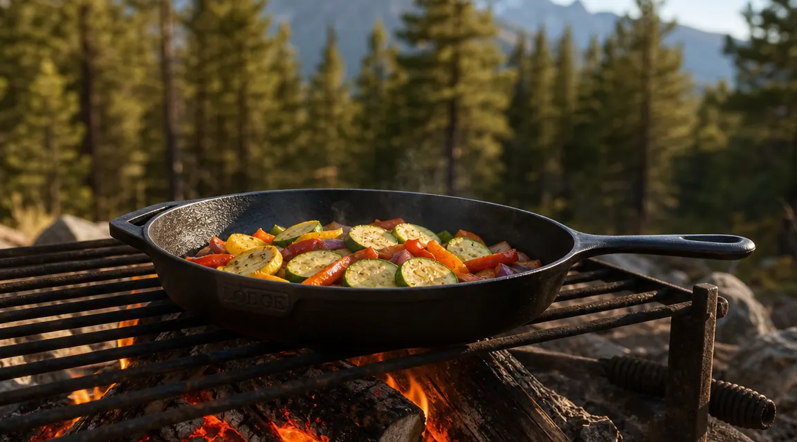 Lodge cast iron skillet sitting over a campfire grate with vegetables roasting inside