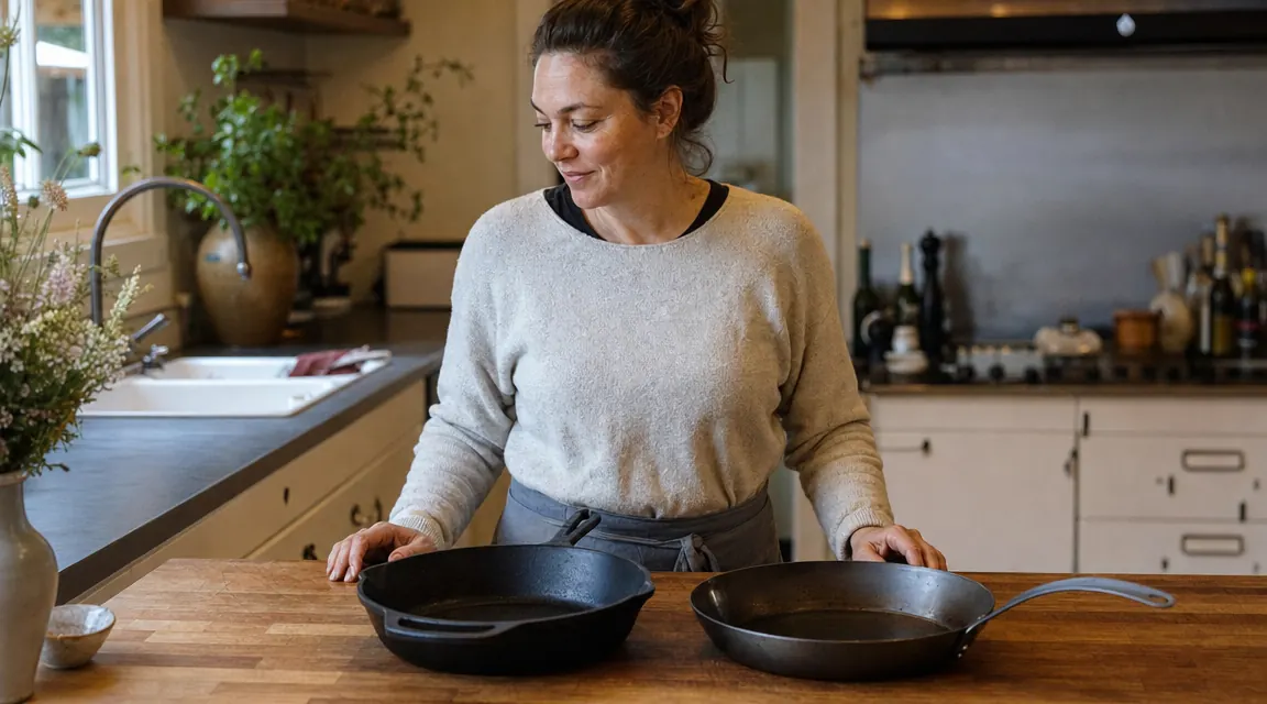 Lodge cast iron skillet and a carbon steel pan side by side on a wooden kitchen counter